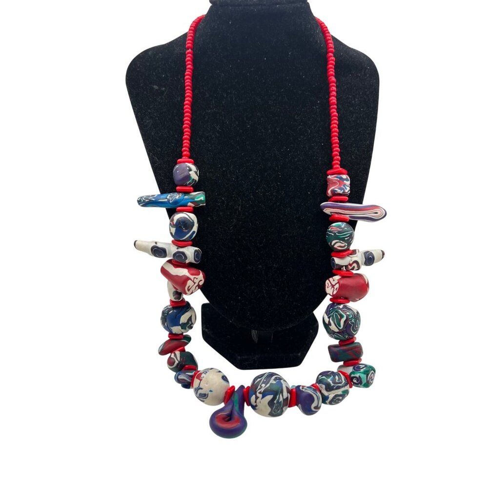 Vintage Handmade Polymer Clay Necklace Sterling Silver Clasp 24" Red Blue Art - Picture 5 of 16